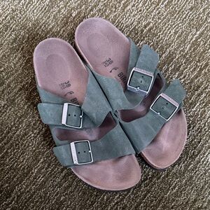 Birkenstock Arizona Suede Double Buckle Sandals in Sage Green